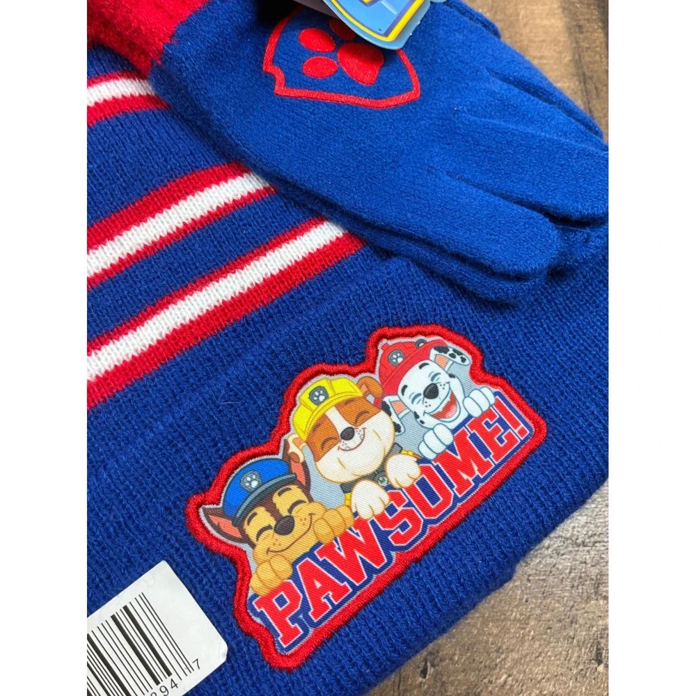 Paw Patrol Boys Blue Red Stripe Beanie Scarf Gloves Set Pawsome Nickelodeon NWT